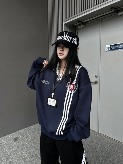 Stripe Embroidery V-Neck Polo Sweatshirt WN24157