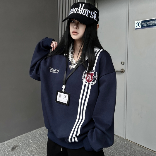 Stripe Embroidery V-Neck Polo Sweatshirt WN24157