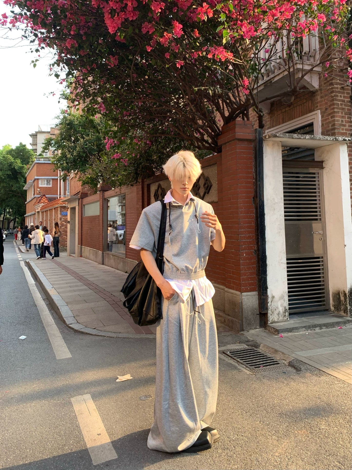 Drawstring Short Sleeve Polo shirt & Straight Leg Pants Setup WN19876