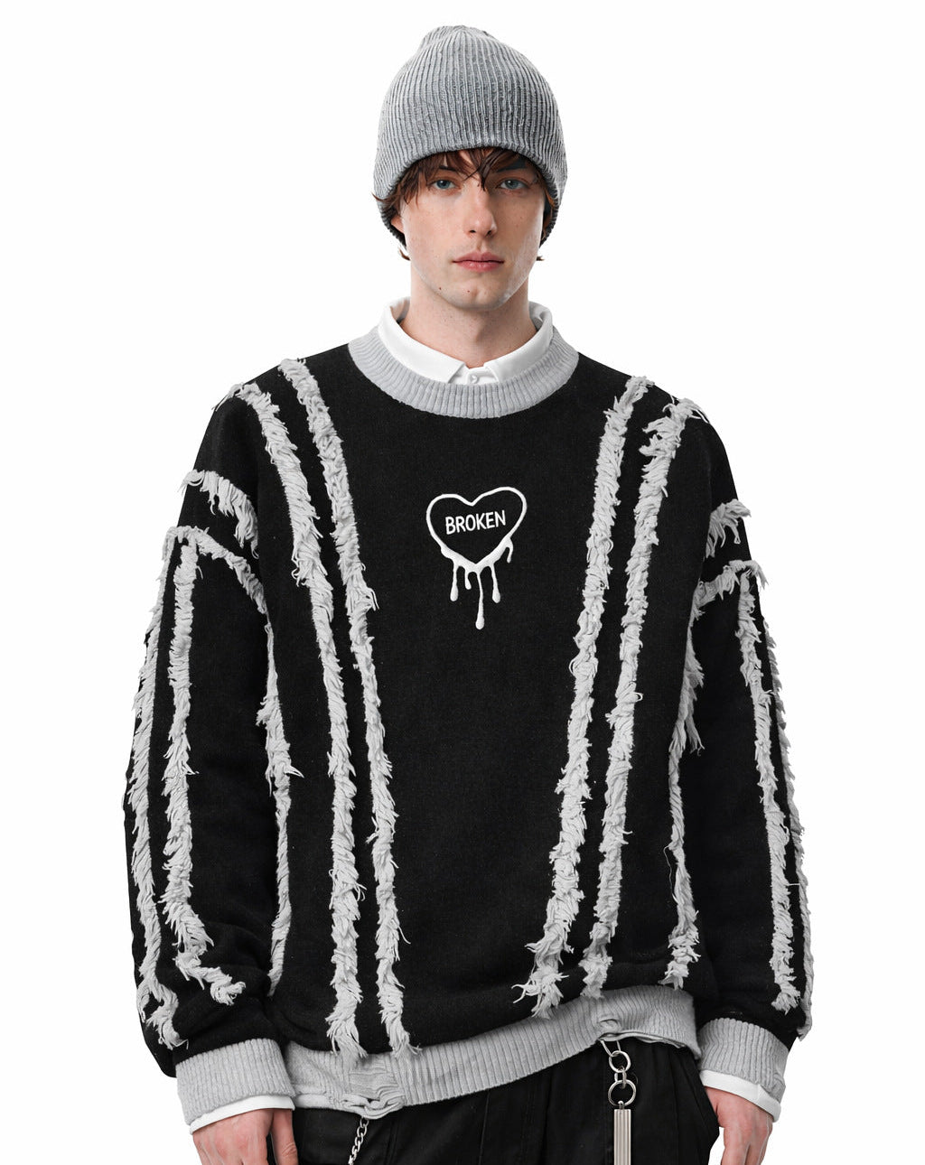 Frayed Stripe Heart Graphic Knit Sweater WN27969