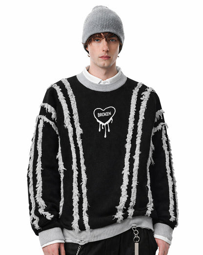 Frayed Stripe Heart Graphic Knit Sweater WN27969