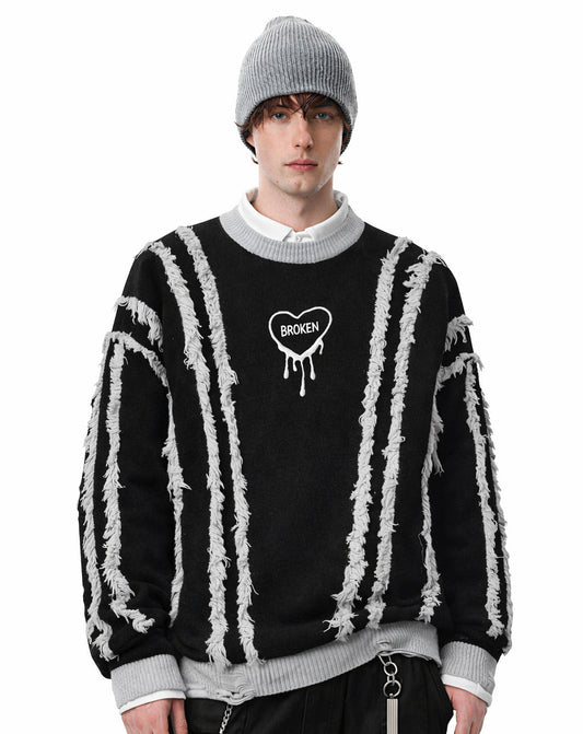 Frayed Stripe Heart Graphic Knit Sweater WN27969