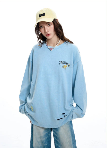 Oversize Damage Washed Crewneck Long Sleeve T-Shirt WN9818