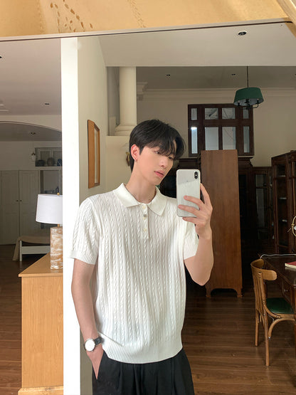 Cable-Knit Button-Placket Slim-Fit Short Sleeve Polo Shirt WN24855