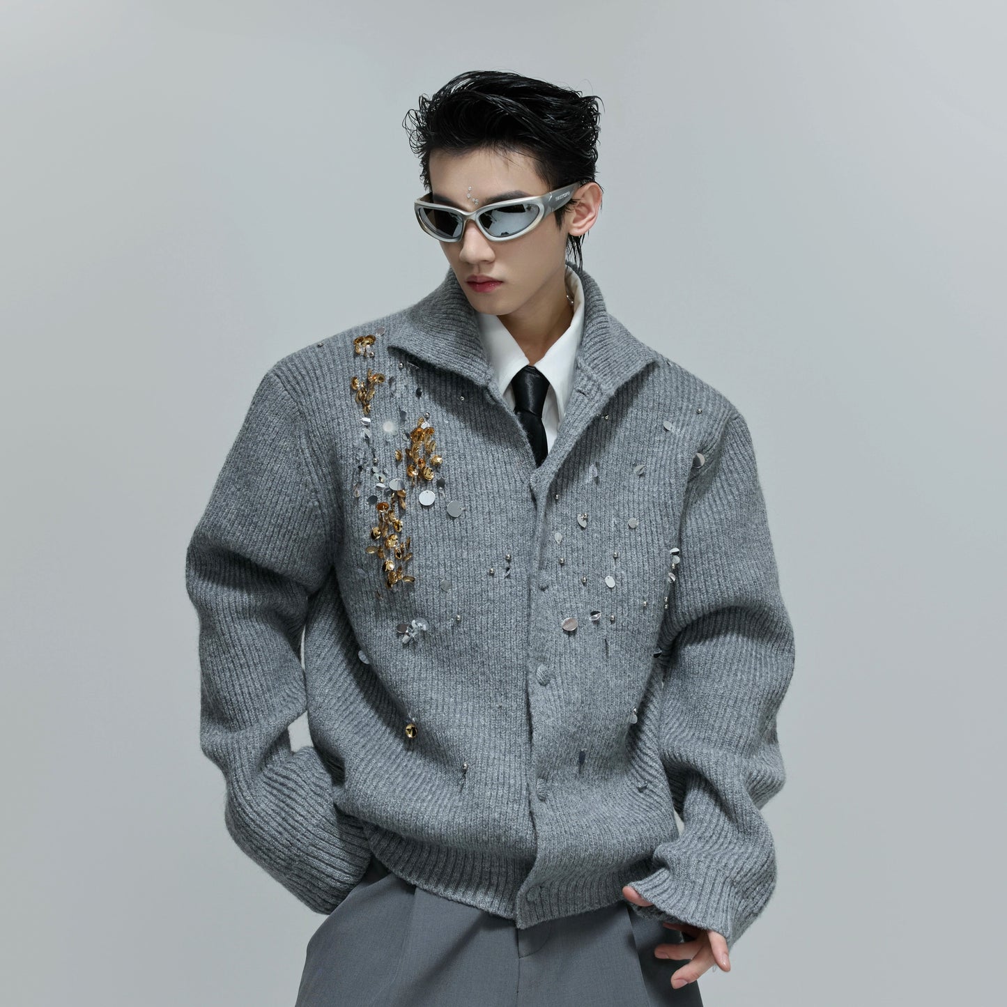 Sequin High-Neck Ribbed Knit Cardigan WN21700