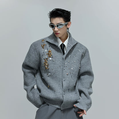 Sequin High-Neck Ribbed Knit Cardigan WN21700