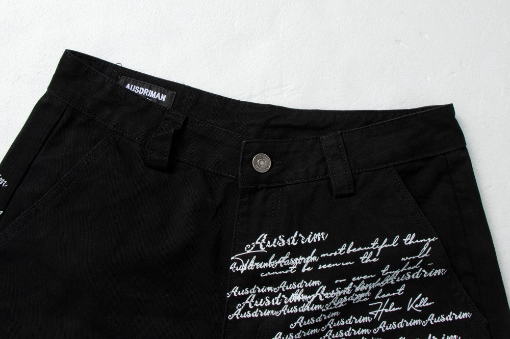 Letter Print Washed Wide Leg Cargo Denim Jeans WN27898