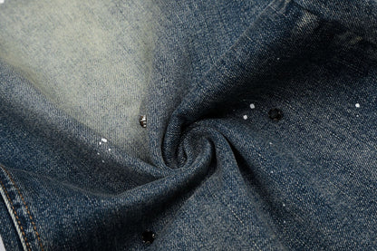 Washed Paint Rhinestone Wide Leg Curved Denim Jeans WN25876