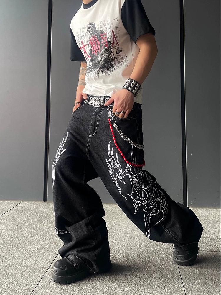 Graphic Art Embroidery Wide Leg Denim Jeans WN18804