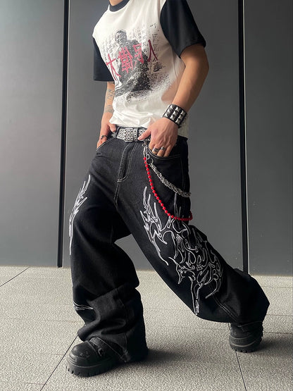 Graphic Art Embroidery Wide Leg Denim Jeans WN18804