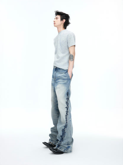 3D Embroidery Rivet Wash Wide Leg Denim Jeans WN26978