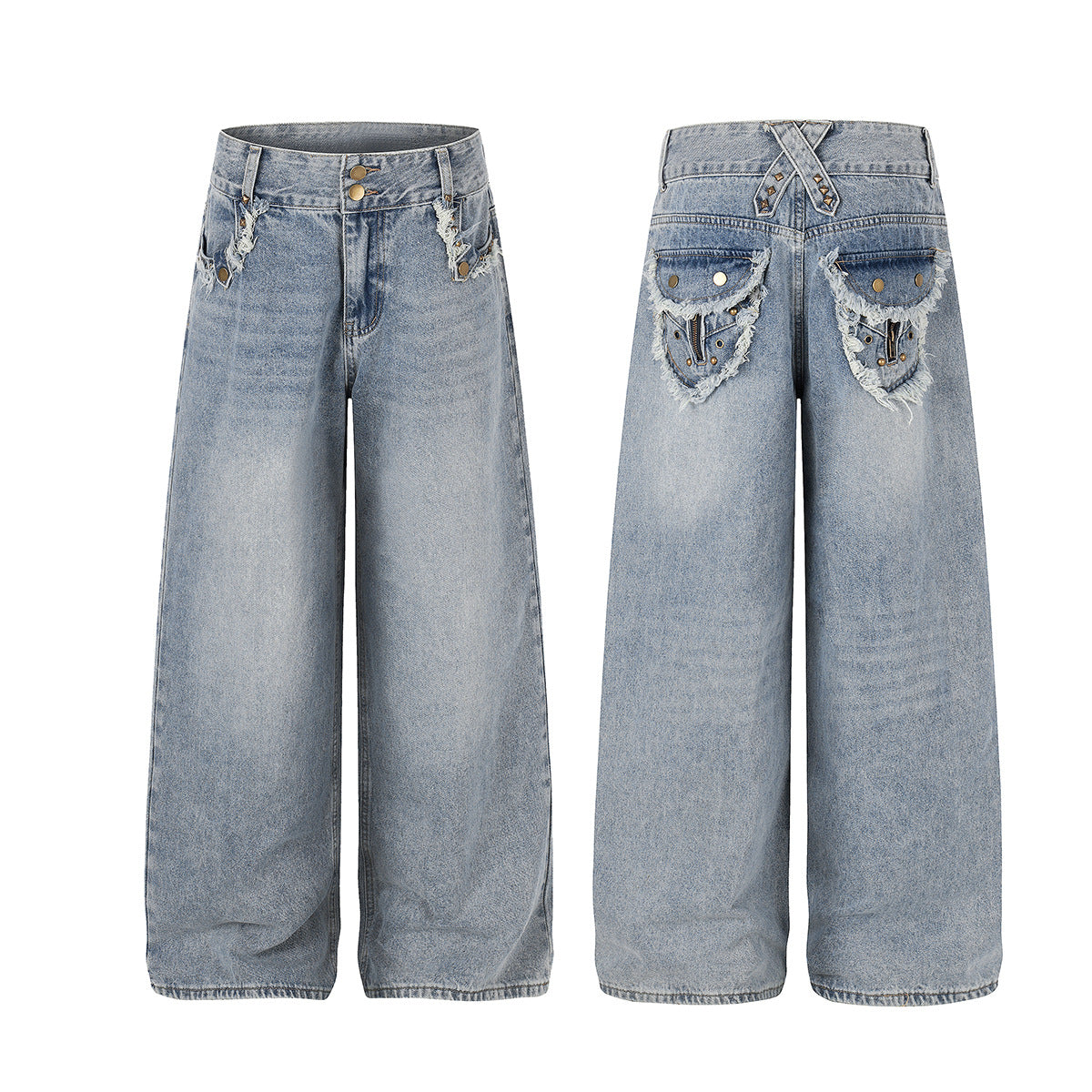 Fringe Studs Wide Leg Denim Jeans WN25804