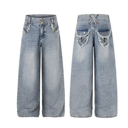 Fringe Studs Wide Leg Denim Jeans WN25804