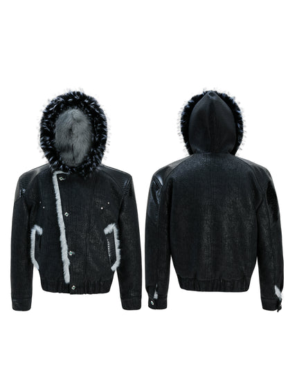 Fake Fur Collar Colorblock PU Leather Hooded Puffer Jacket WN22601