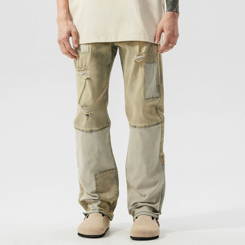 Patchwork Damage Straight Denim Jeans WN17483