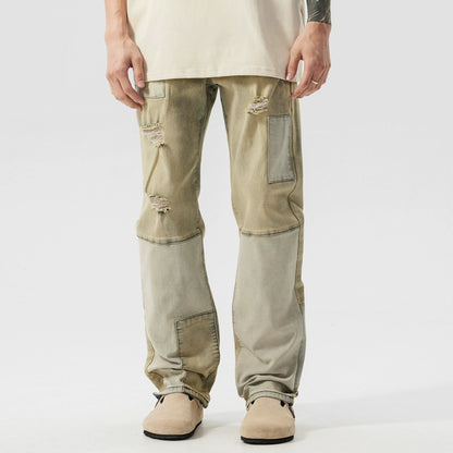 Patchwork Damage Straight Denim Jeans WN17483