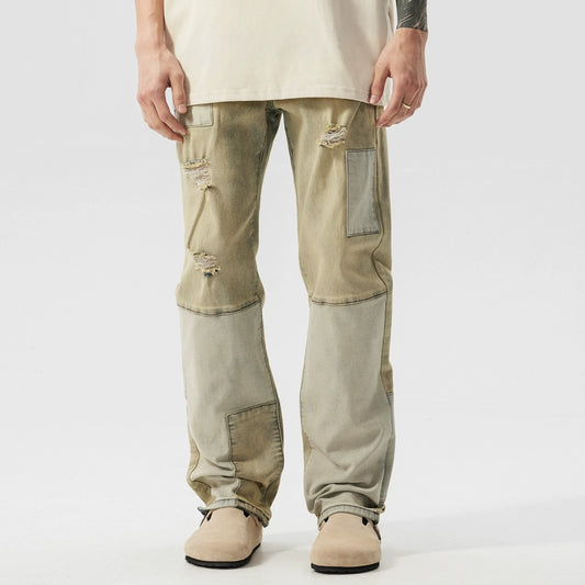 Patchwork Damage Straight Denim Jeans WN17483