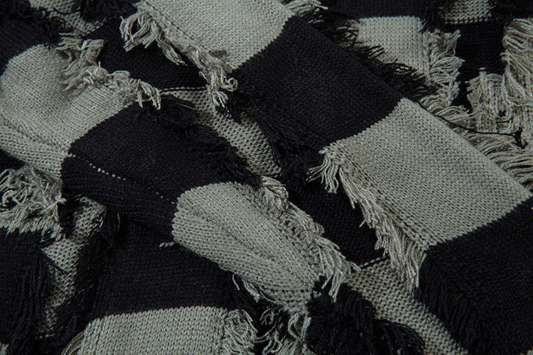 Damage Hem Colorblock Striped Knit Sweater WN11454