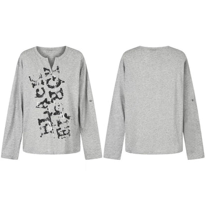 Graphic Print Notched Neck Long Sleeve T-Shirt WN28076