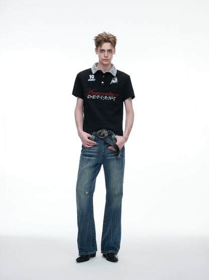 Sequin-Collar Letter Embroidery Cropped Oversize Polo Short Sleeve Shirt WN27025