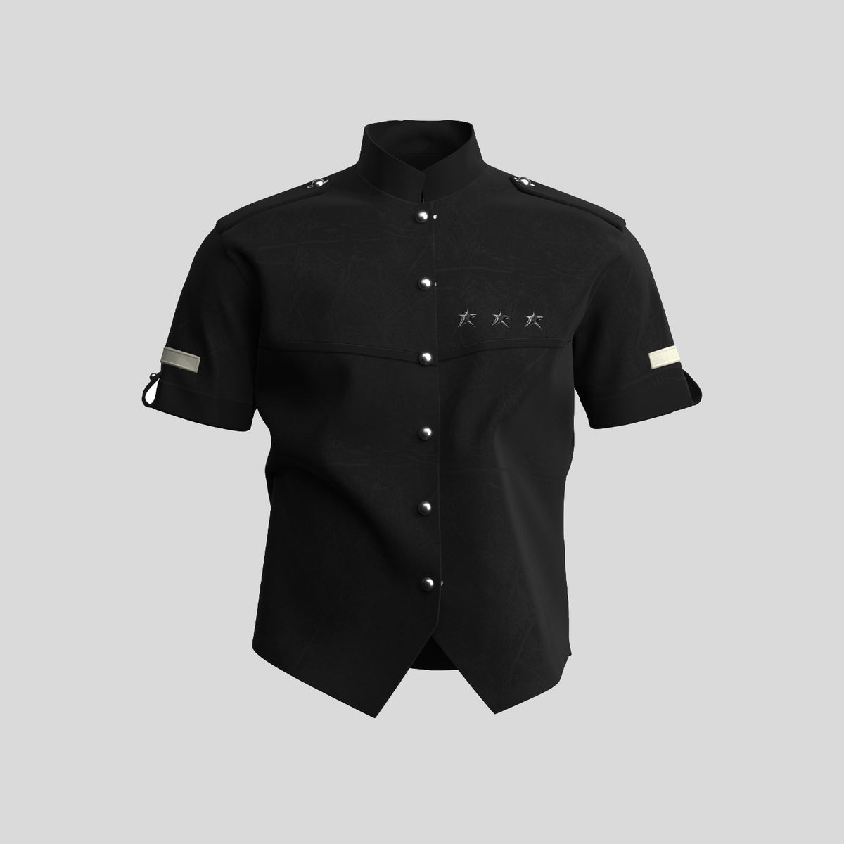 Stand Neck Metal Buckle Star Detail Short Sleeve Shirt WN27084