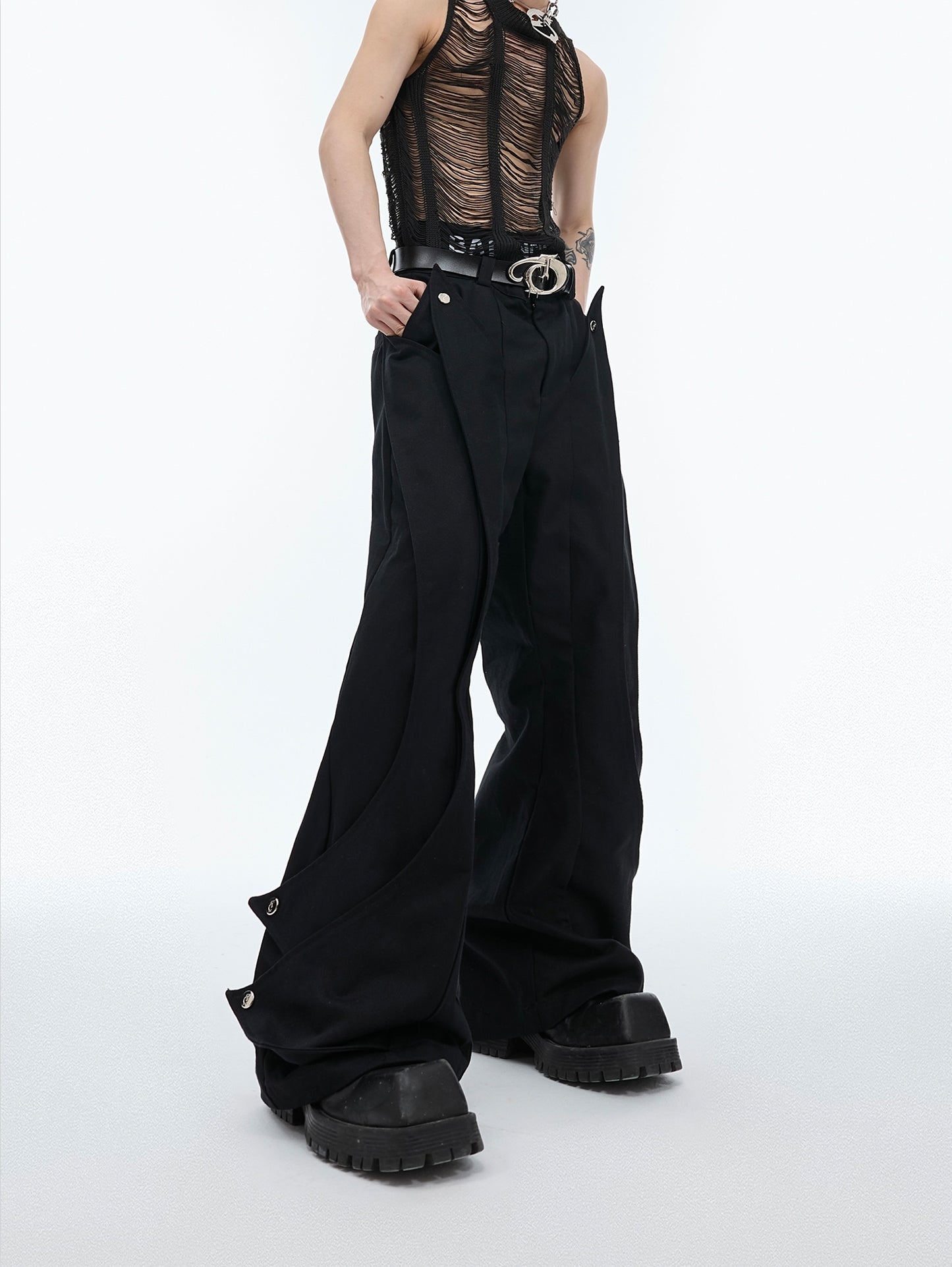 3D Double Layered Cut Workwear Flare Trousers WN6496