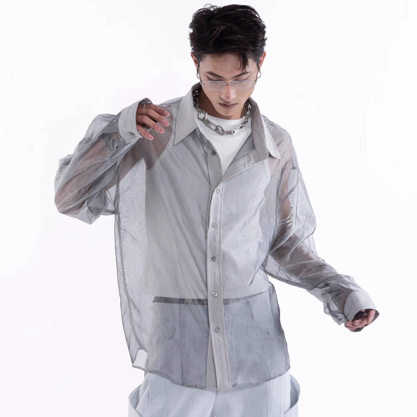 Sheer Draped Oversize Long Sleeve Shirt WN20643