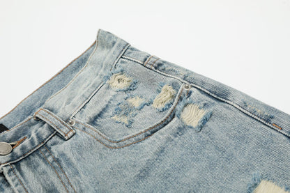 Wash Damage Wide Leg Curved Denim Jeans WN25878