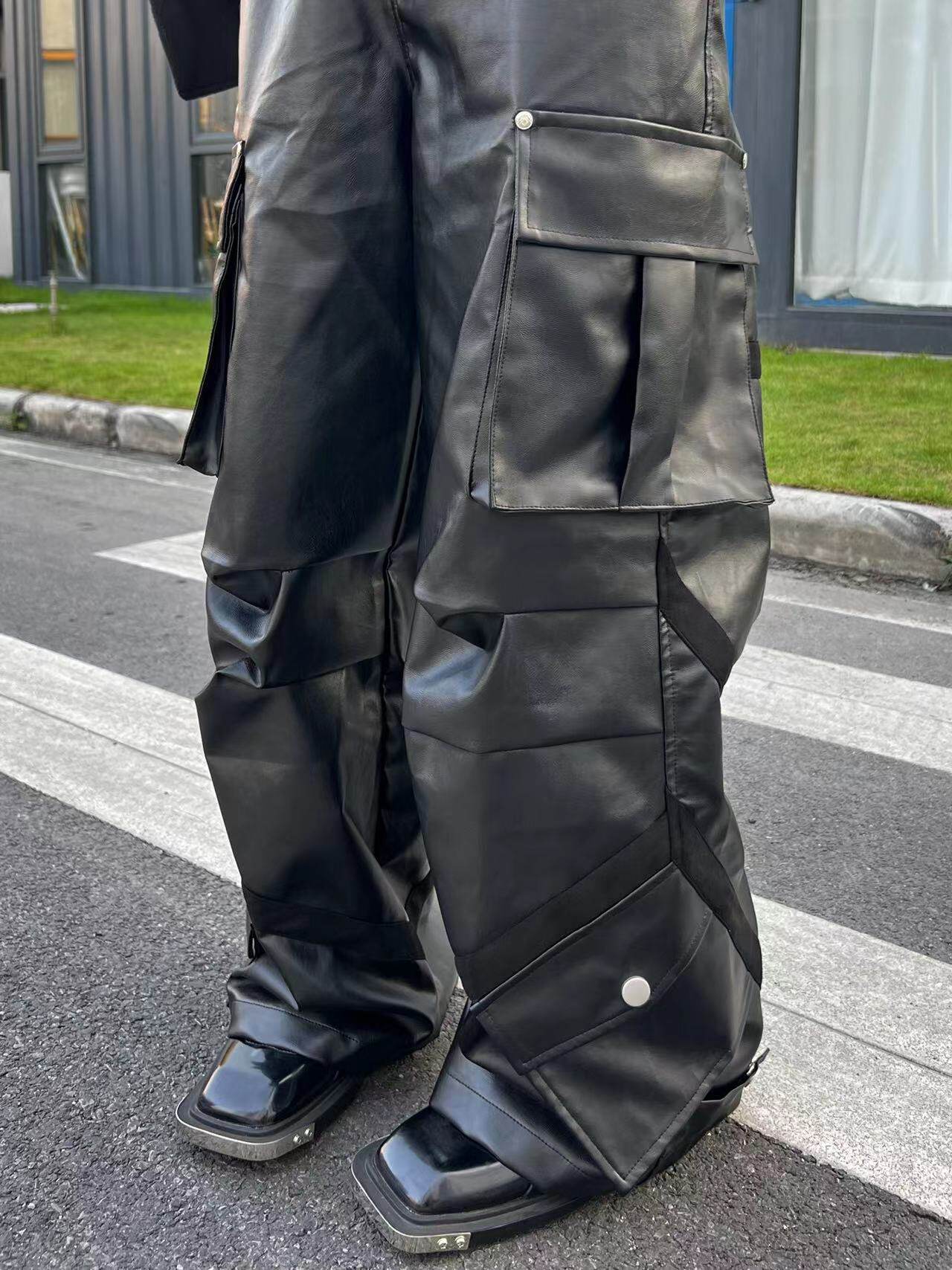 PU Leather Multi Pocket Wide Leg Cargo Pants WN24050
