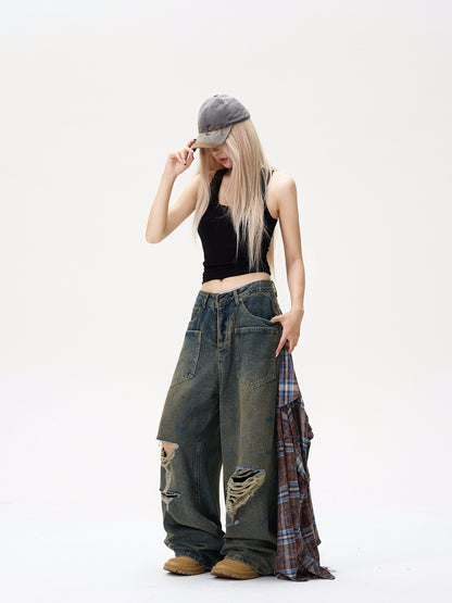 Damage Reverse Design Wide Leg Straight Denim Jeans WN8451