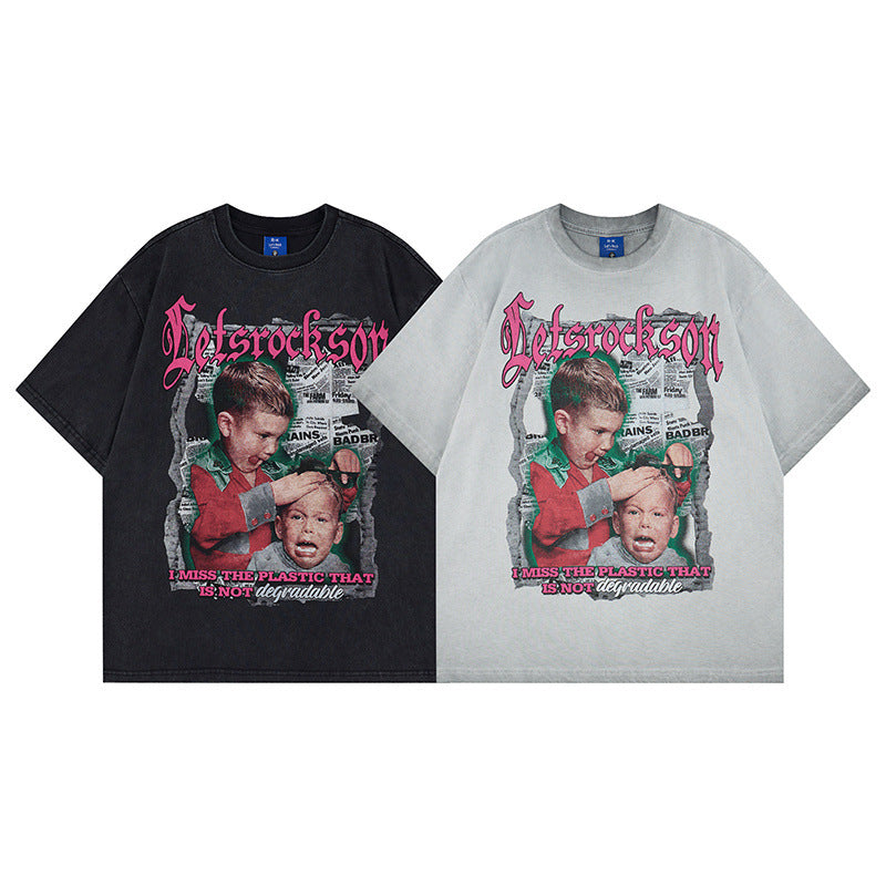 Washed Portrait Letter Print Short Sleeve T-Shirt WN25764