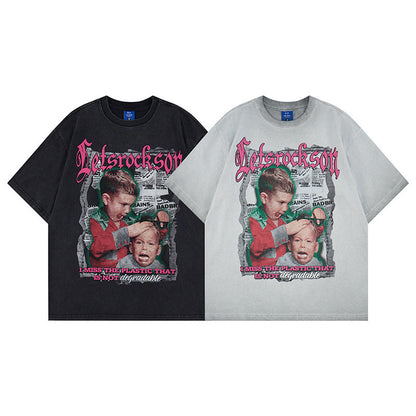 Washed Portrait Letter Print Short Sleeve T-Shirt WN25764