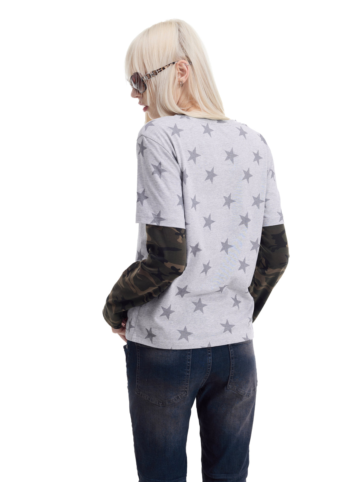 Fake Layered Camo Star Logo Print Long Sleeve T-Shirt WN27193