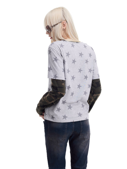 Fake Layered Camo Star Logo Print Long Sleeve T-Shirt WN27193