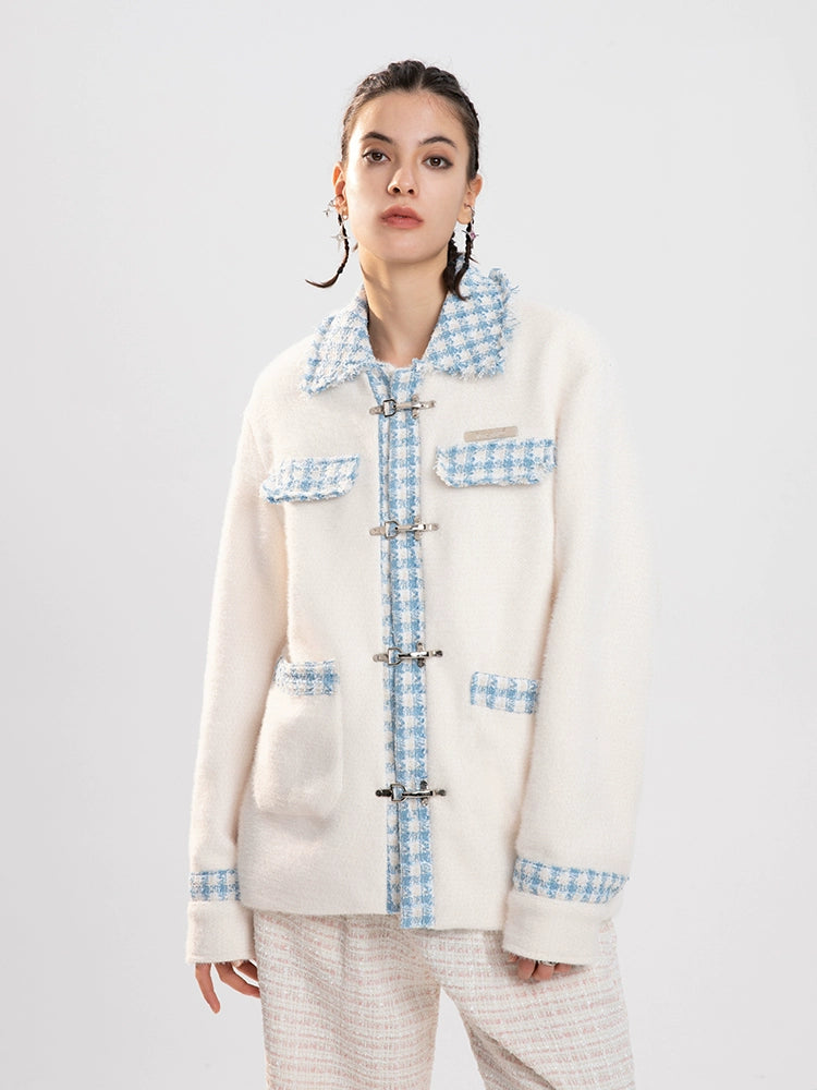 Herringbone Plaid Embroidery Oversize Jacket WN10078