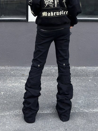 PU Leather Patchwork Pleats Flare Cargo Pants WN23015