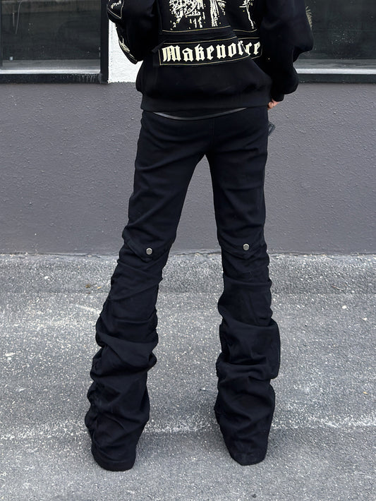 PU Leather Patchwork Pleats Flare Cargo Pants WN23015