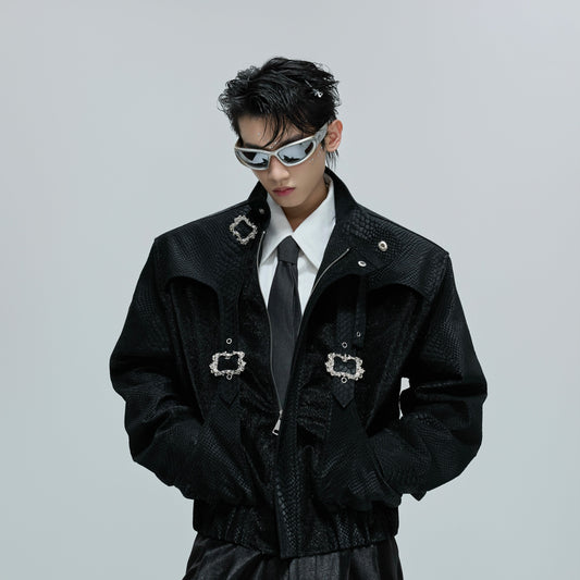 Snake Design Metal Button PU Leather Short Jacket WN21705