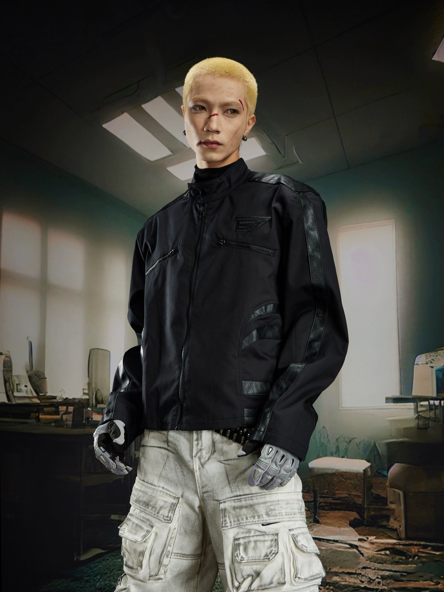 Standing-Collar Contrast Patchwork PU Leather Jacket WN21377