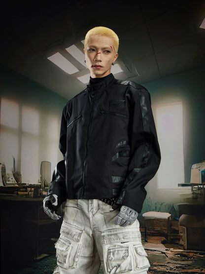 Standing-Collar Contrast Patchwork PU Leather Jacket WN21377