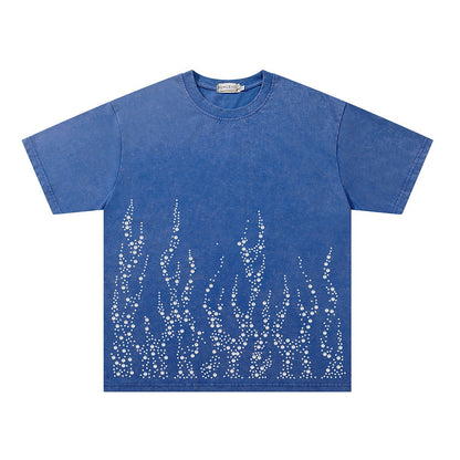 Washed Damage Rhinestone Flame Short Sleeve T-Shirt WN26922