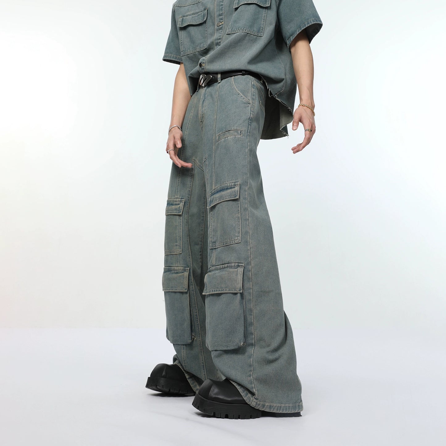 Oversize Denim Short Sleeve Shirt & Wide-Leg Cargo Denim Jeans Setup WN7321