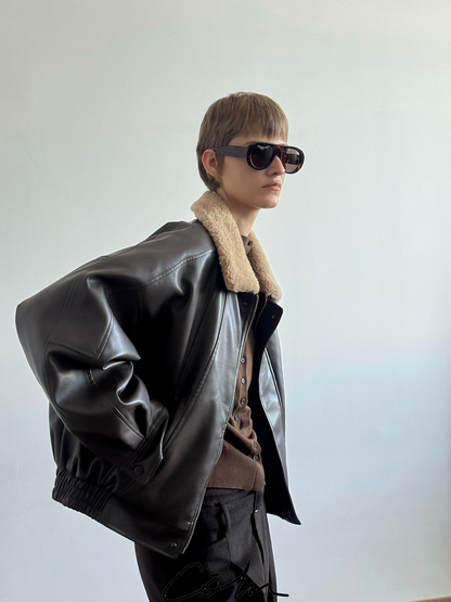 Fake Fur Collar PU Leather Puffer Jacket WN21678