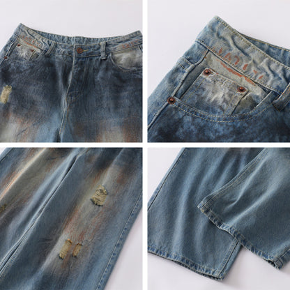 Dirty Dye Damage Design Wide-Leg Denim Jeans WN15087