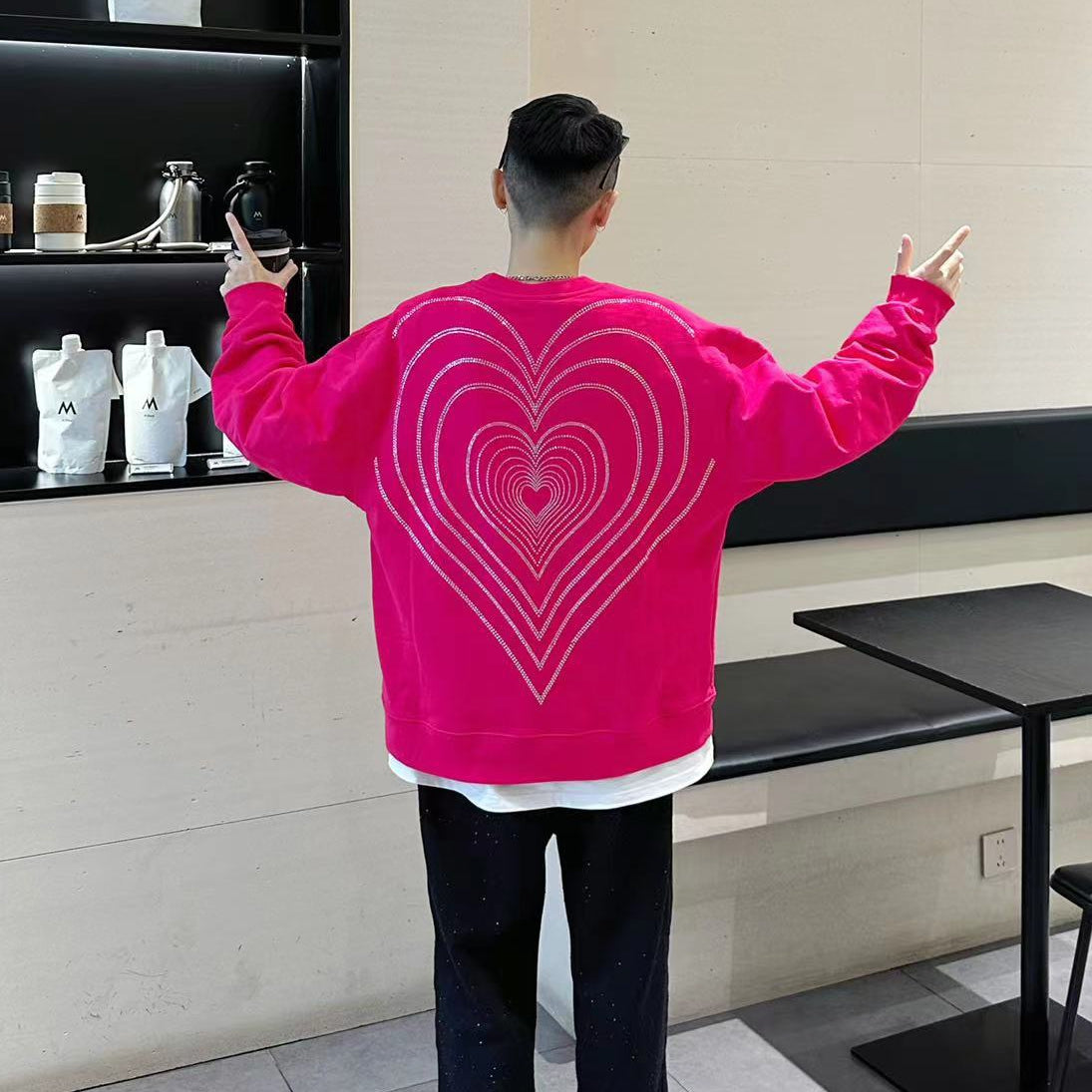 Rhinestone Heart Oversize Long Sleeve Sweatshirt WN20687