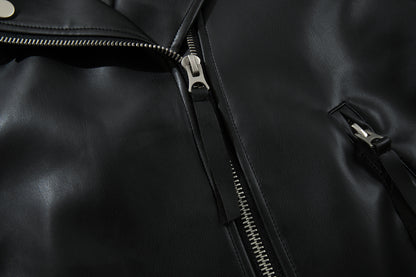 Zip-Up Belted Metal Buckle PU Leather Jacket WN23082