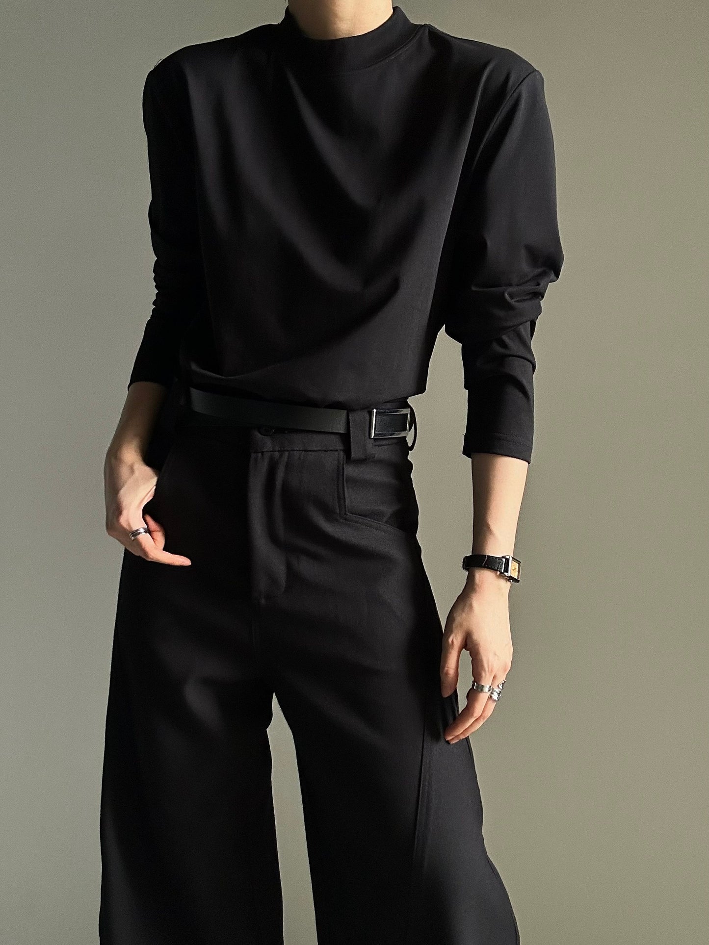 Structured Shoulder High-Neck Long Sleeve T-Shirt WN23128