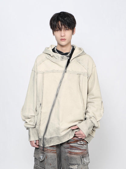 Oversize Diagonal Zip Patchwork Washed Hoodie WN24441