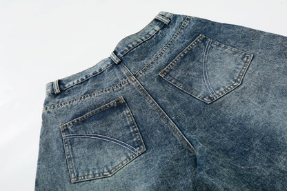 Washed Studs Panel Cropped Denim Half Jeans WN25766