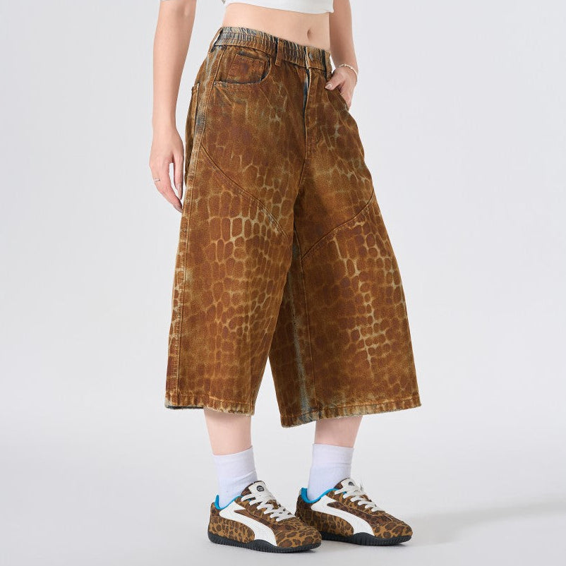 Reptile Print Wide Leg Denim Half Jeans WN28029